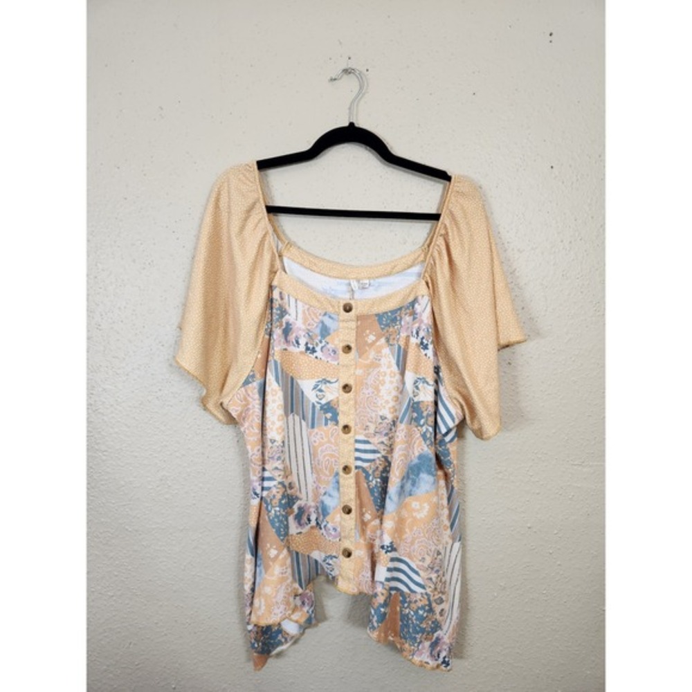 Cato Patchwork Button Detail Pullover Peasant Squ… - image 1